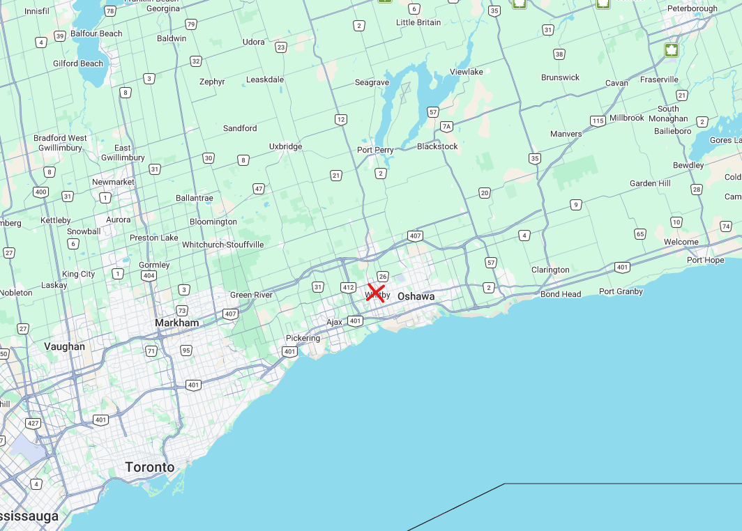 Map showing shipping across Canada and the US from Whitby, Ontario